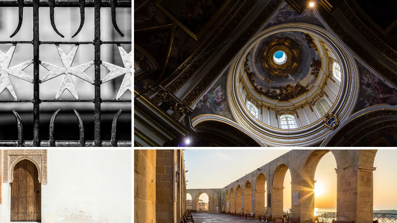 Contraste histórico de Malta: símbolos de la Orden de San Juan, arquitectura islámica y espacios cristianos que reflejan la convivencia entre herencia árabe y fe católica