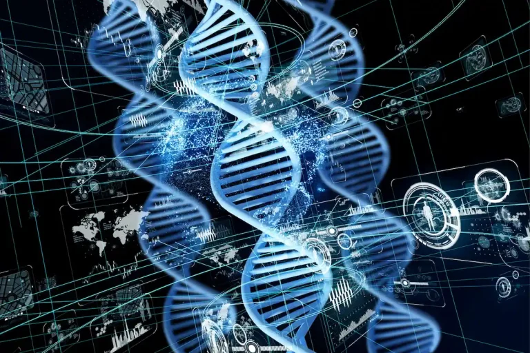 Ilustración del ADN y datos genéticos: símbolo de la investigación sobre enfermedades hereditarias y genética en Malta