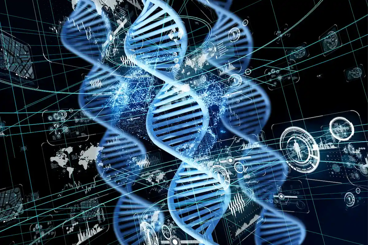 Ilustración del ADN y datos genéticos: símbolo de la investigación sobre enfermedades hereditarias y genética en Malta