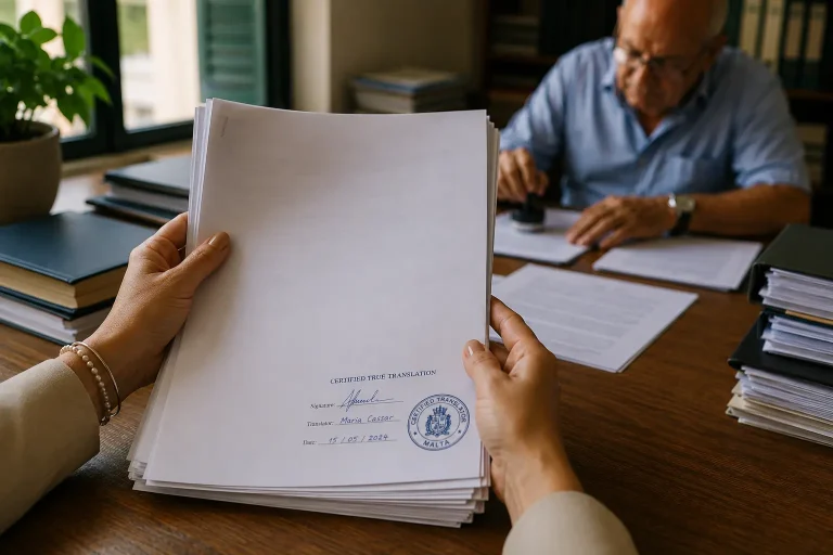 Traducción oficial certificada para Malta con sello, firma y documentos administrativos de varias páginas.