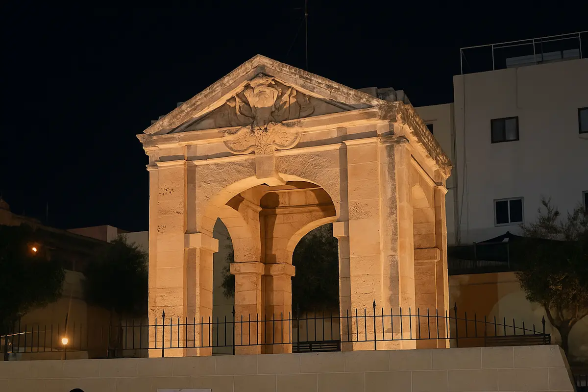 Pinto’s Loggia en Qormi, estructura barroca de 1772 iluminada de noche, construida por el gran maestre Manuel Pinto de Fonseca en Malta.