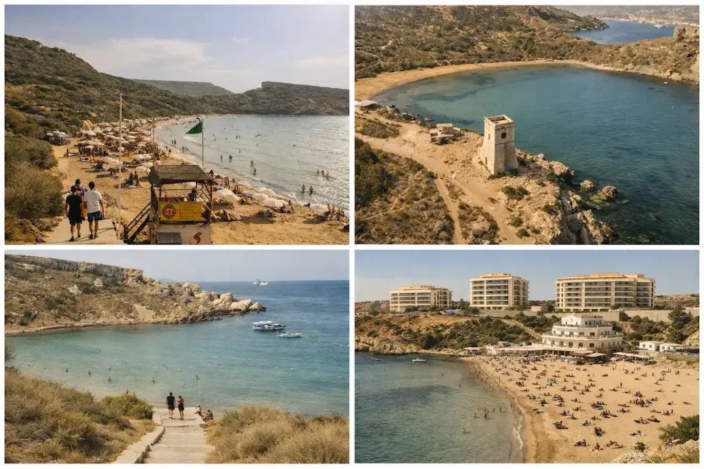 Muestra de distintas playas de Malta: playas de arena, calas y tramos de costa en diferentes zonas de la isla.