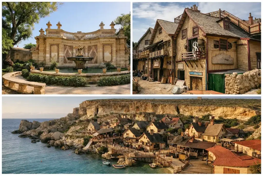 Popeye Village y los jardines de San Anton en Malta, lugares populares para excursiones en familia más allá de las playas.