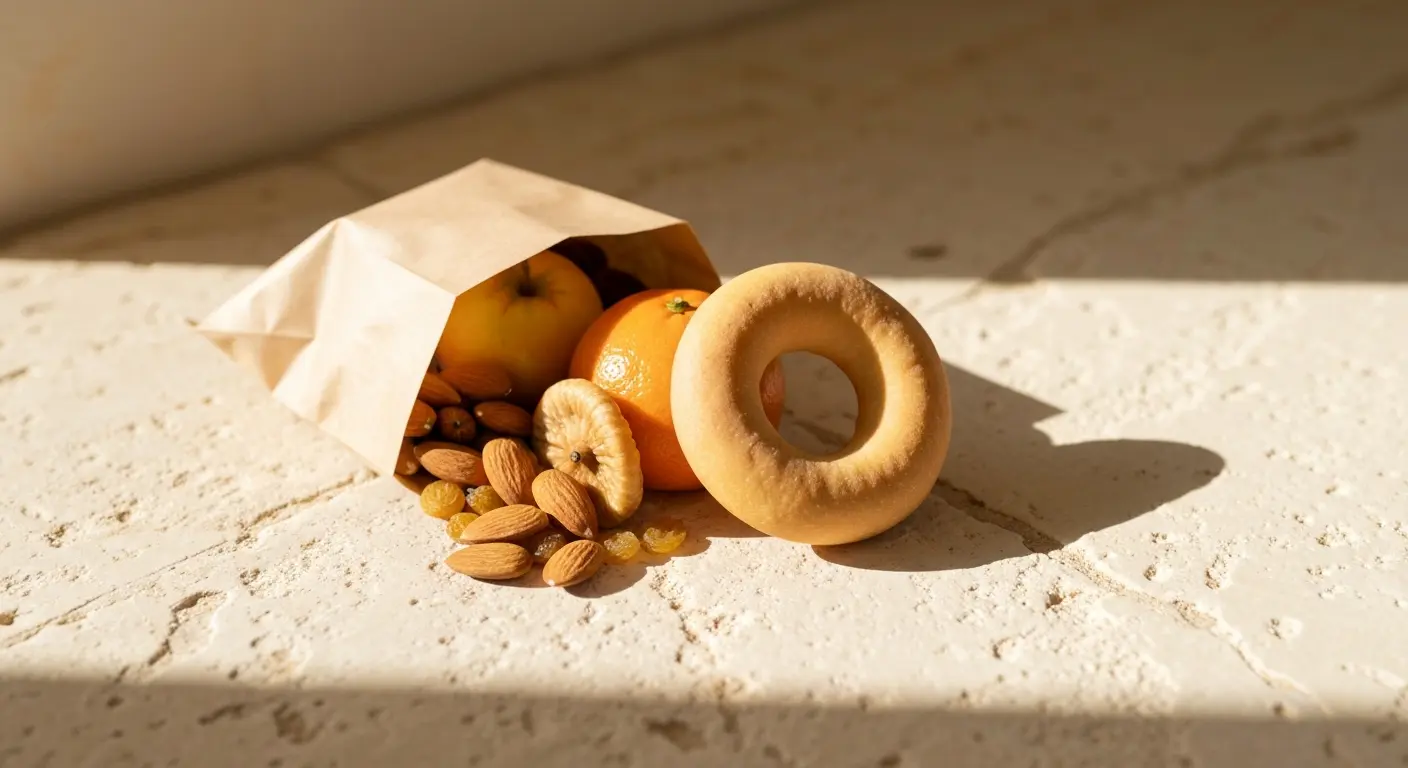 Borża ta’ San Martin con frutos secos, fruta deshidratada y qagħaq sobre piedra maltesa.