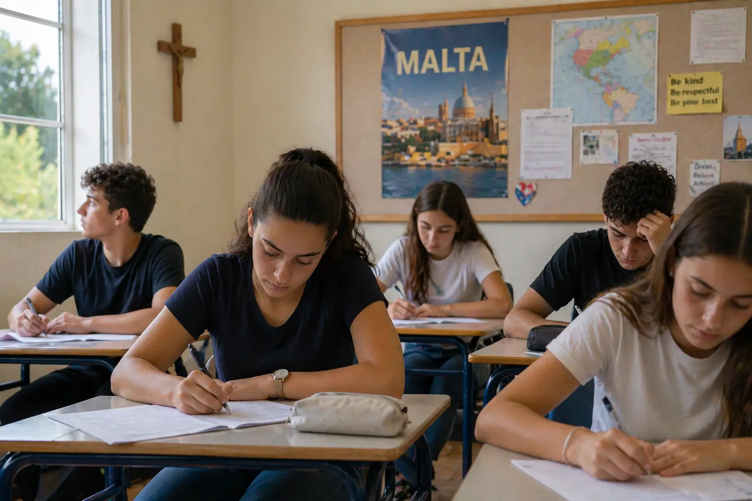 estudiantes haciendo exámenes SEC en un aula en Malta