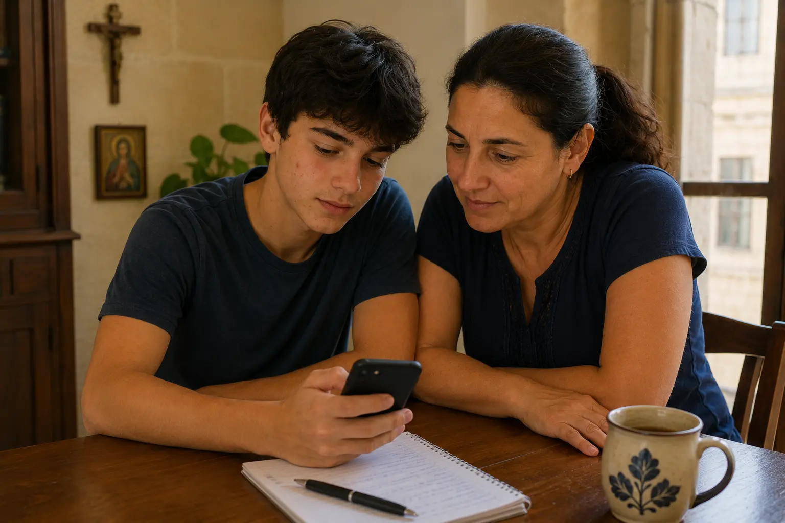 Estudiante y madre revisando un certificado digital en un teléfono móvil en Malta.