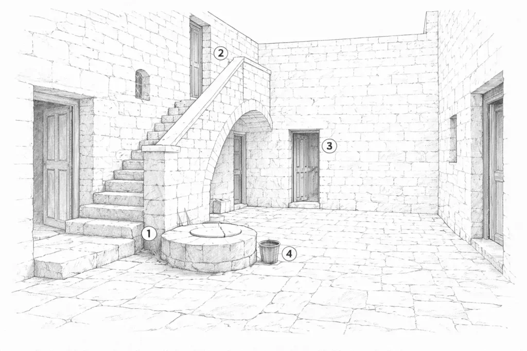 Esquema de una bitħa tradicional maltesa (patio interior):
1 – Pozo / cisterna – elemento central para la captación y extracción de agua de lluvia, clave para el funcionamiento diario del hogar.
2 – Escalera y acceso a la planta superior – conexión del patio con las estancias habitables de la parte alta de la casa.
3 – Accesos a espacios habitables y de trabajo – habitaciones utilizadas para cocinar, almacenar y la vida diaria.
4 – Recipientes y zona de trabajo – espacio destinado al lavado, la manipulación del agua y las tareas domésticas.