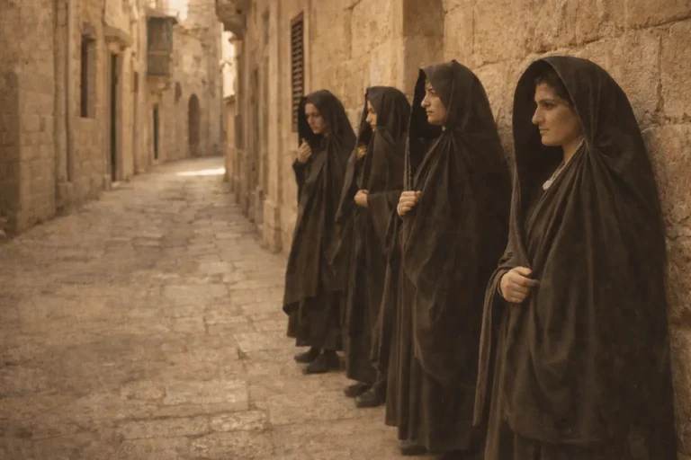 Grupo de cuatro mujeres maltesas con el traje tradicional de la għonnella, de pie en un espacio público de Malta a comienzos del siglo XX.