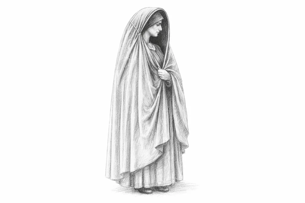 Ilustración de la tradicional għonnella maltesa que muestra la construcción de la prenda y su forma de uso.
