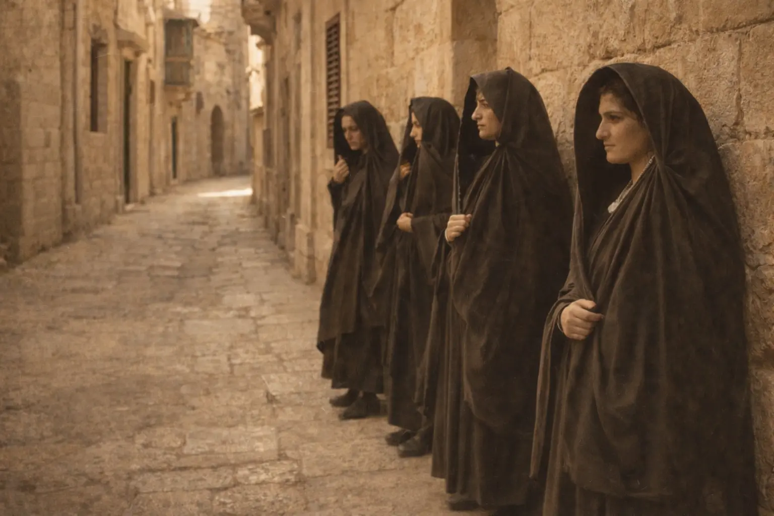 Grupo de cuatro mujeres maltesas con el traje tradicional de la għonnella, de pie en un espacio público de Malta a comienzos del siglo XX.
