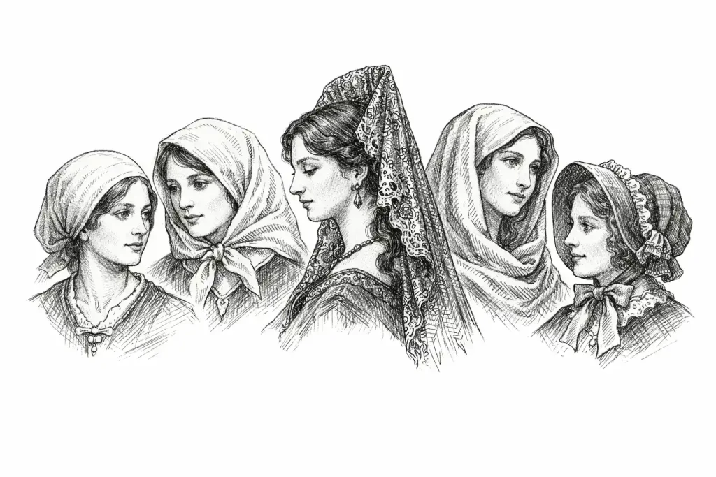 Diversas formas de cubrir el cabello en Europa —desde pañuelos y cofias hasta velos— variaban en forma y material, pero compartían la misma función social.
