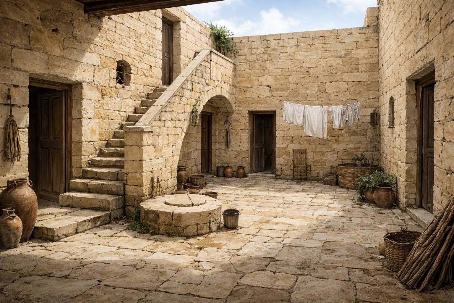 Patio interior tradicional maltés (bitħa), con muros de piedra, escalera exterior, accesos a las estancias de la vivienda y una discreta cisterna para recoger agua de lluvia, reflejo de la vida cotidiana en Malta en los siglos XVIII y XIX.