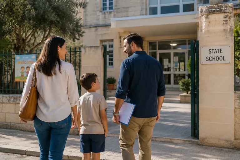 Padres y niño entrando en una escuela pública en Malta durante el proceso de inscripción escolar.