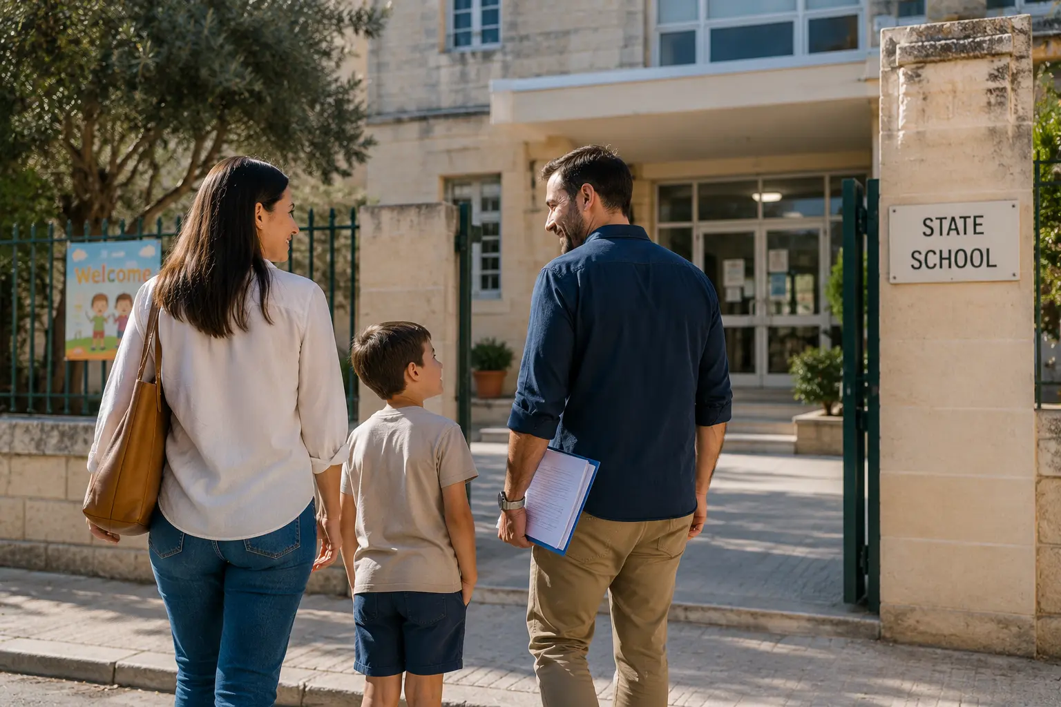 Padres y niño entrando en una escuela pública en Malta durante el proceso de inscripción escolar.