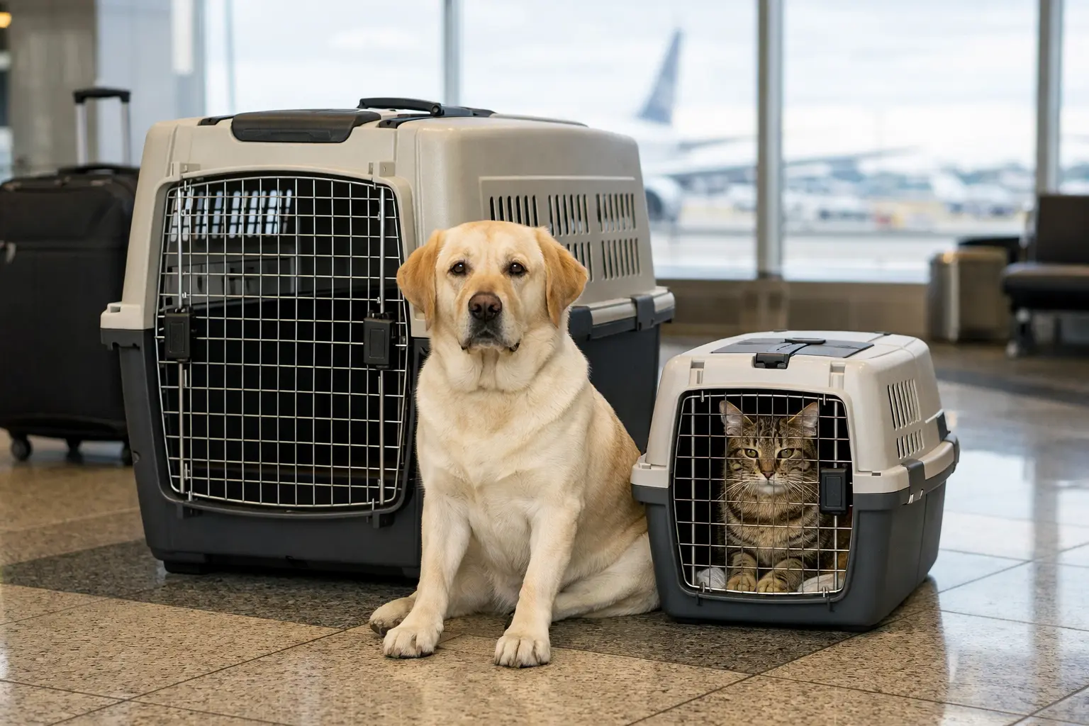 Labrador sentado junto a un transportín de tamaño adecuado y un gato dentro de su transportín en el aeropuerto durante un viaje a Malta