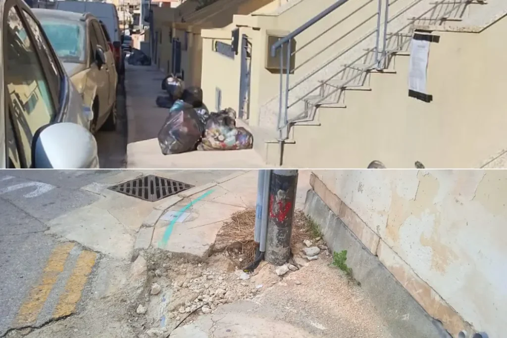 Aceras bloqueadas por basura y falta de continuidad debido a obstáculos fijos en la ruta – en la práctica obliga a bajar con el carrito a la calzada.