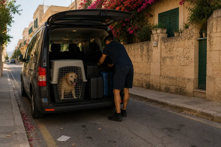 Labrador en un transportín durante el traslado desde el aeropuerto de Malta al alojamiento.
