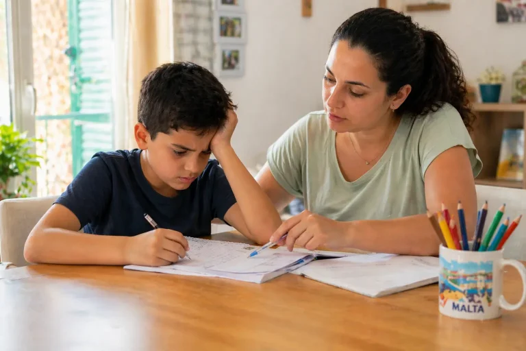 Ayuda escolar en casa para un niño que participa en las Catch-Up Classes en Malta