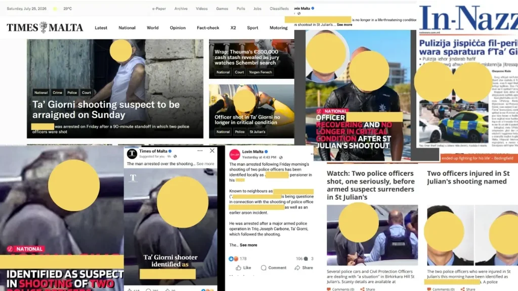 Collage que muestra cómo los medios malteses publicaron la identidad del sospechoso y de los policías heridos tras el tiroteo de Ta’ Giorni. Los nombres y los rostros están ocultos.
