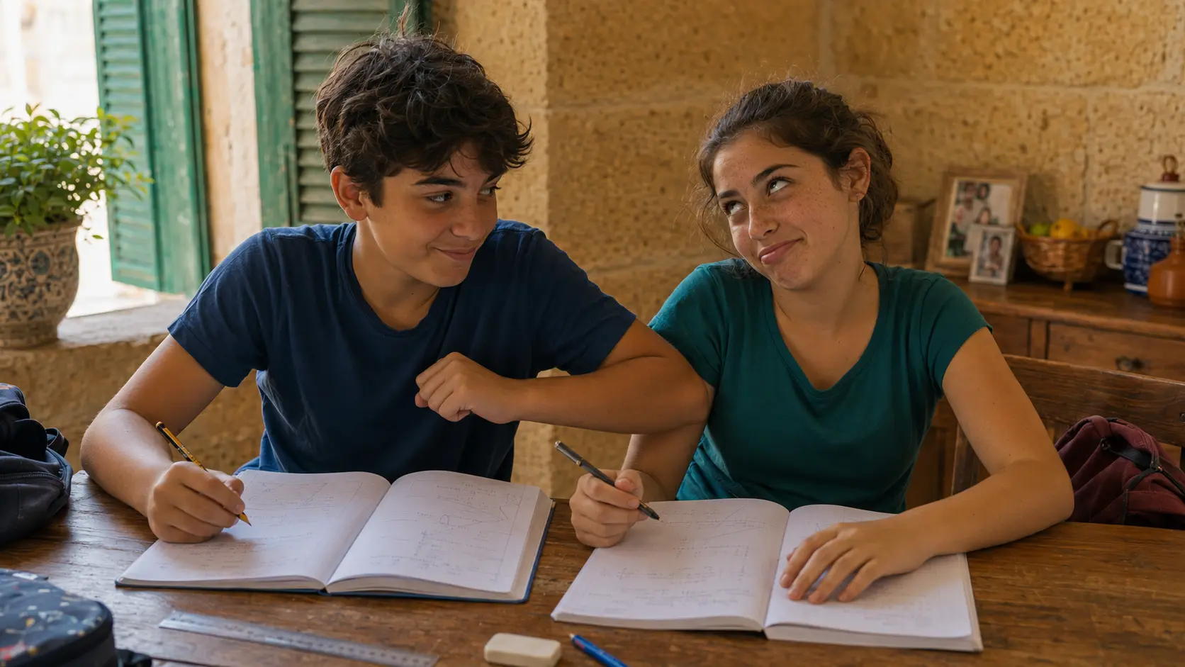 **Dos estudiantes haciendo los deberes en casa en Malta**