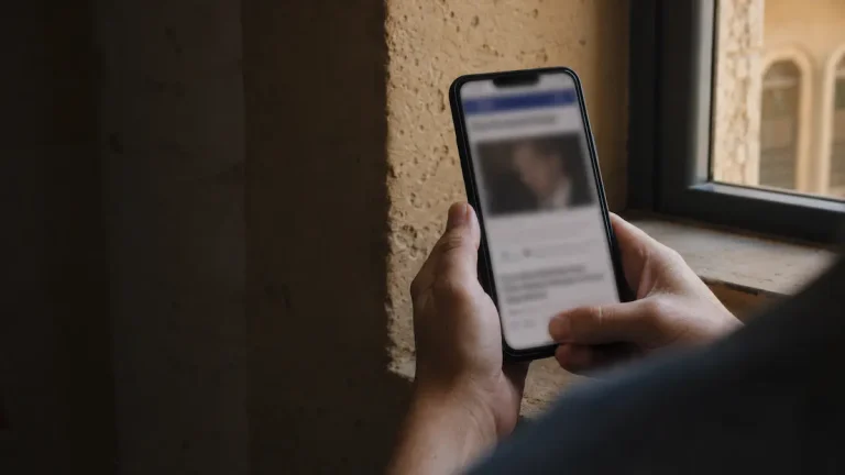 Una persona consulta en su teléfono móvil un artículo de noticias desenfocado con la fotografía de alguien no identificado.