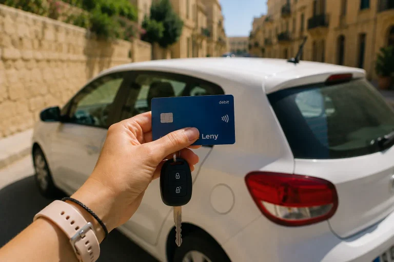 Persona sosteniendo una tarjeta de débito y las llaves de un coche de alquiler en Malta.