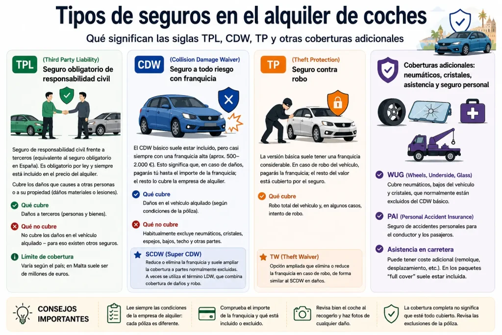 Infografía que explica los tipos de seguros al alquilar un coche en Malta: TPL, CDW, TP, Super CDW, franquicia, coberturas adicionales y las principales diferencias entre cada tipo de seguro.