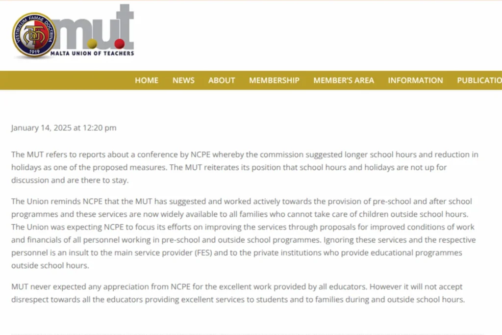 Comunicado de la Malta Union of Teachers sobre los horarios y las vacaciones escolares, publicado en enero de 2025