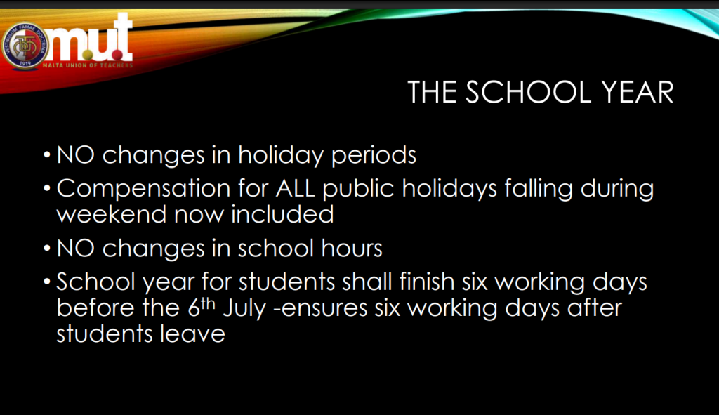 Presentación de la Malta Union of Teachers que rechaza cambios en las vacaciones y los horarios escolares