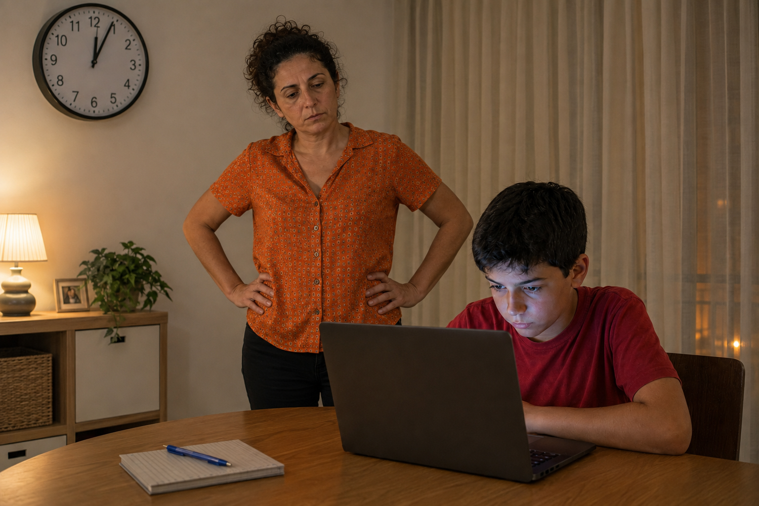 Omlouvám se! Tady je krátký, výstižný Alt text přímo do WordPressu, který přesně popisuje fotku a drží klíčová slova pro SEO: **Madre mirando a su hijo usar el portátil escolar por la noche**