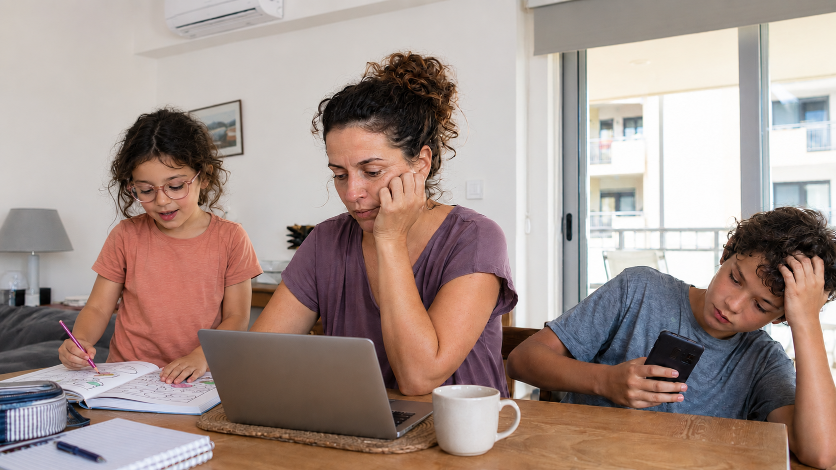 Madre intentando trabajar desde casa con sus hijos durante las largas vacaciones escolares de verano en Malta